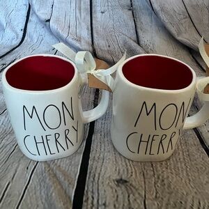 Rae Dunn Mon Cherry double sided Ceramic Mugs- Set of 2